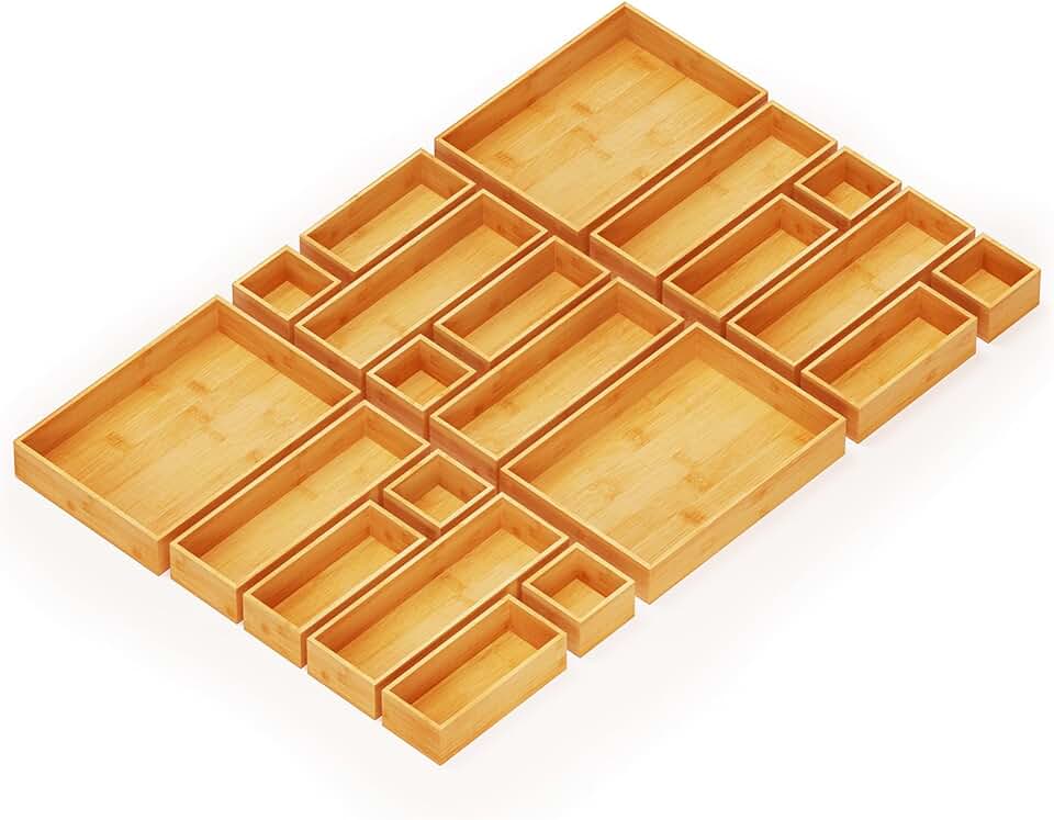21-Piece Bamboo Drawer Organizer Set for Kitchen, Bathroom, and Office