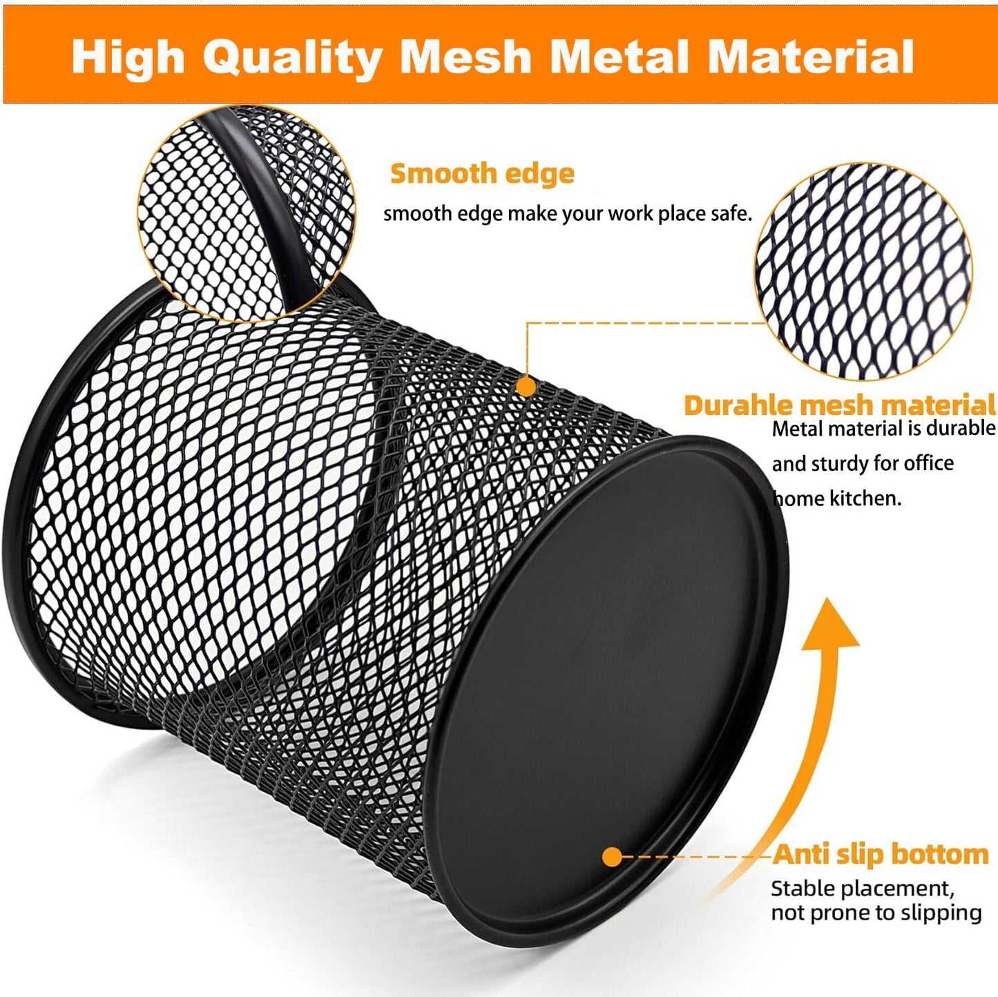 Set of four black mesh metal pen holders for desk