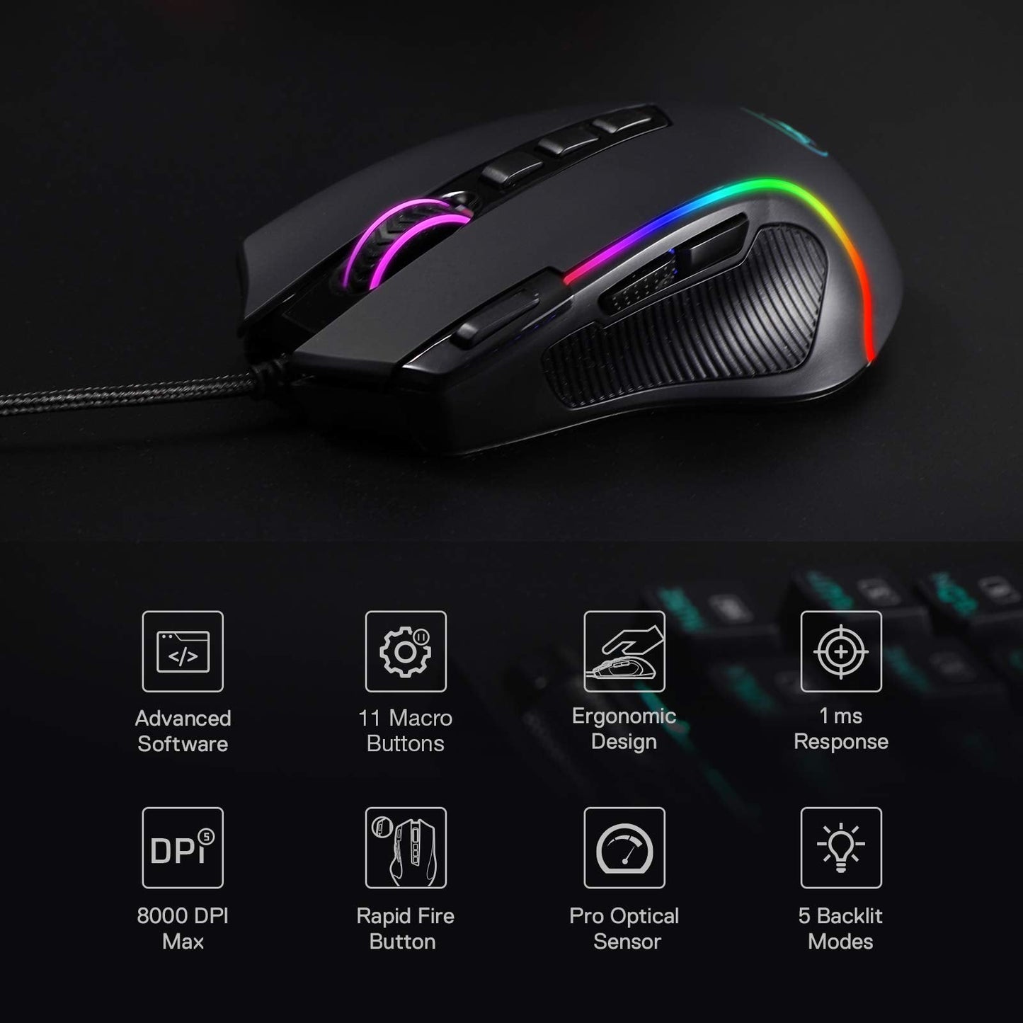 M612 Predator RGB Gaming Mouse, 8000 DPI Wired Optical Gamer Mouse with 11 Programmable Buttons & 5 Backlit Modes, Software Supports DIY Keybinds Rapid Button