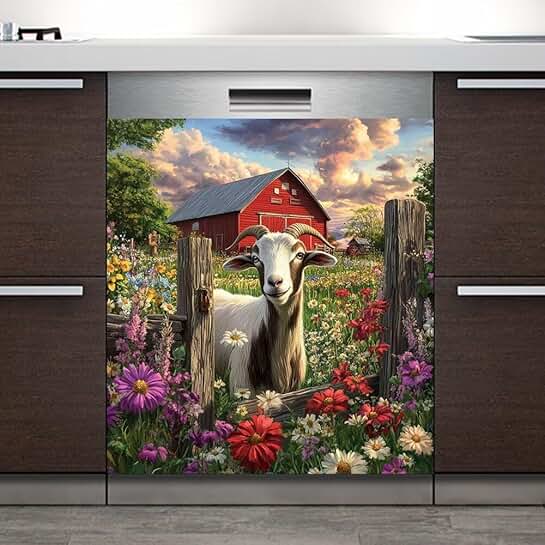 Goat and Flowers Dishwasher Magnet Cover 23x26 inches