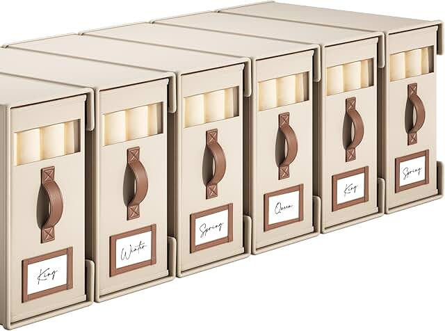 Six-piece beige linen closet with handles and clear windows