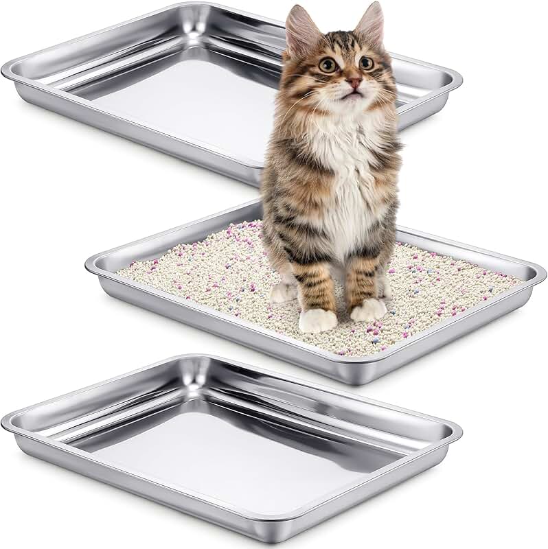 3-Pack Stainless Steel Cat Litter Pans for Small Pets