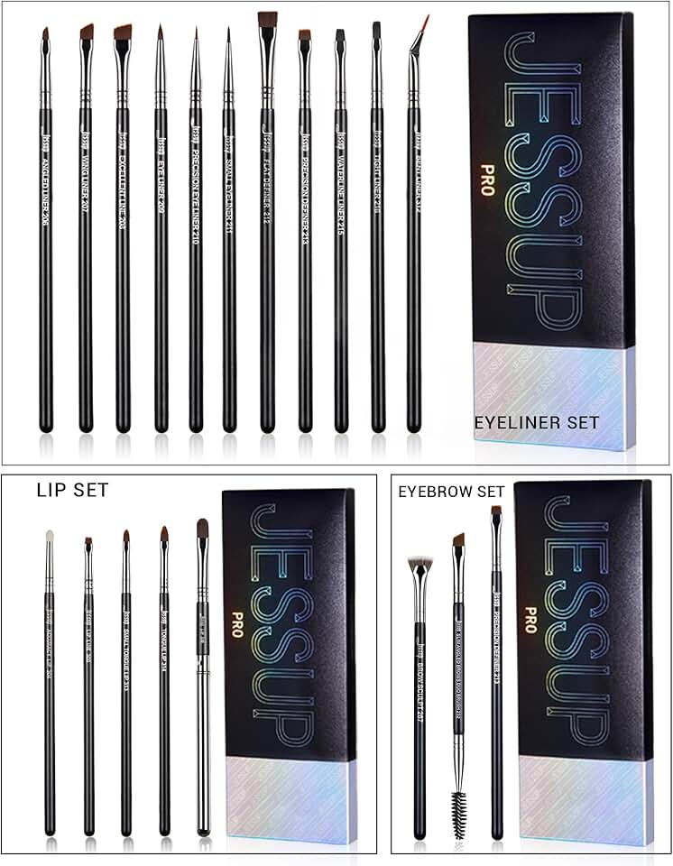 Professional makeup brush set with eyeliner, lip, and eyebrow brushes