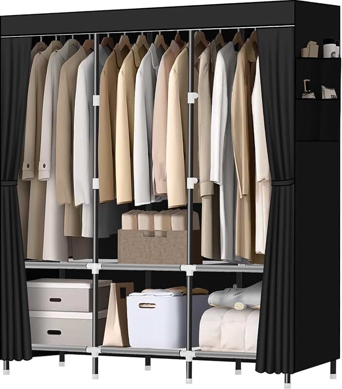 Portable Steel Wardrobe with Shelves and Pockets