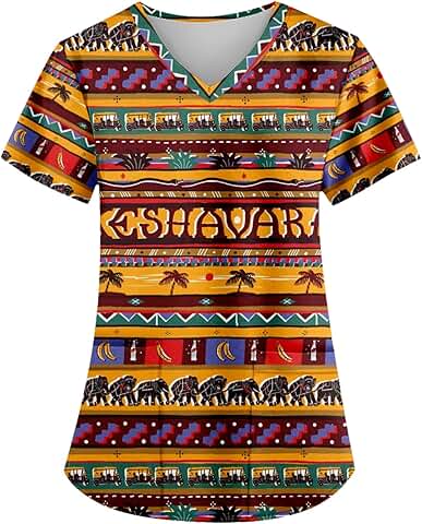 Women's Ethnic Tribe Print V-Neck Short Sleeve Scrub Top