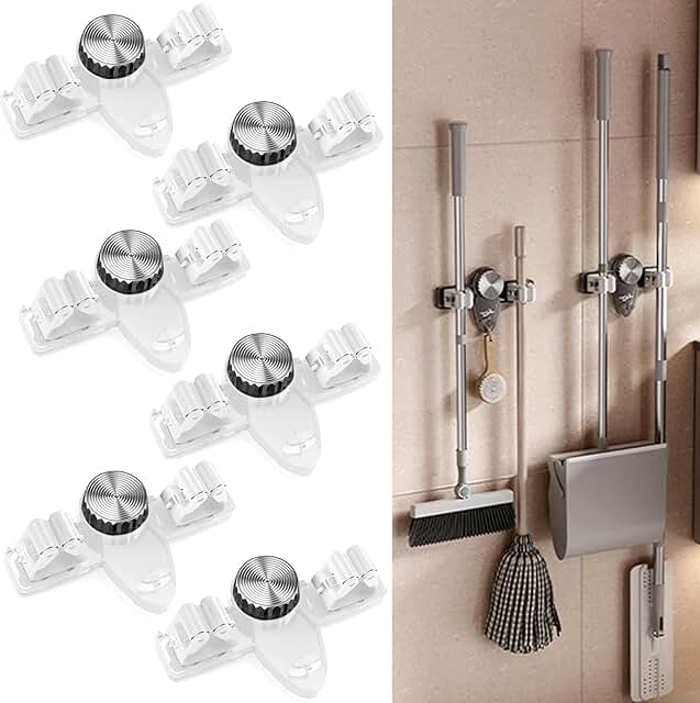 6-Piece Wall Mount Mop and Broom Holder with Hooks