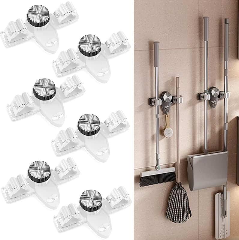 6-Piece Wall Mount Mop and Broom Holder with Hooks