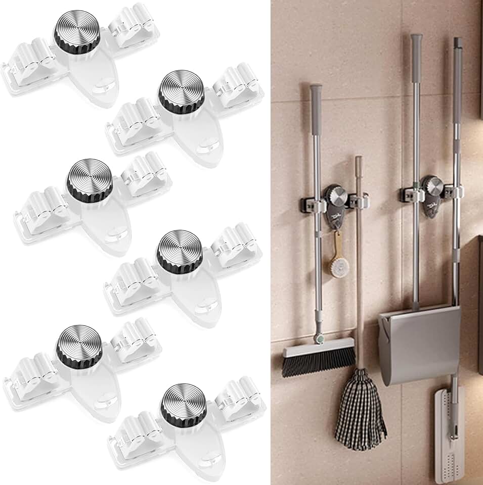 6-Piece Wall Mount Mop and Broom Holder with Hooks
