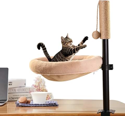Cat Desk Bed with Scratching Post and Rotating Hammock