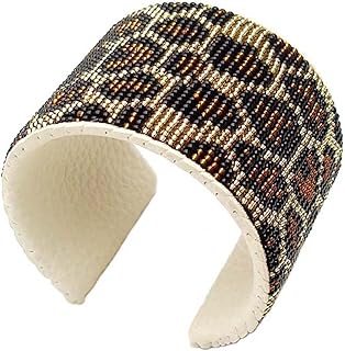 Handmade Beaded Leather Cuff Bracelet in Black and Gold