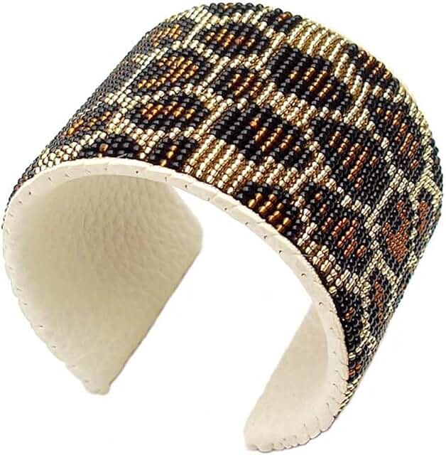 Handmade Beaded Leather Cuff Bracelet in Black and Gold