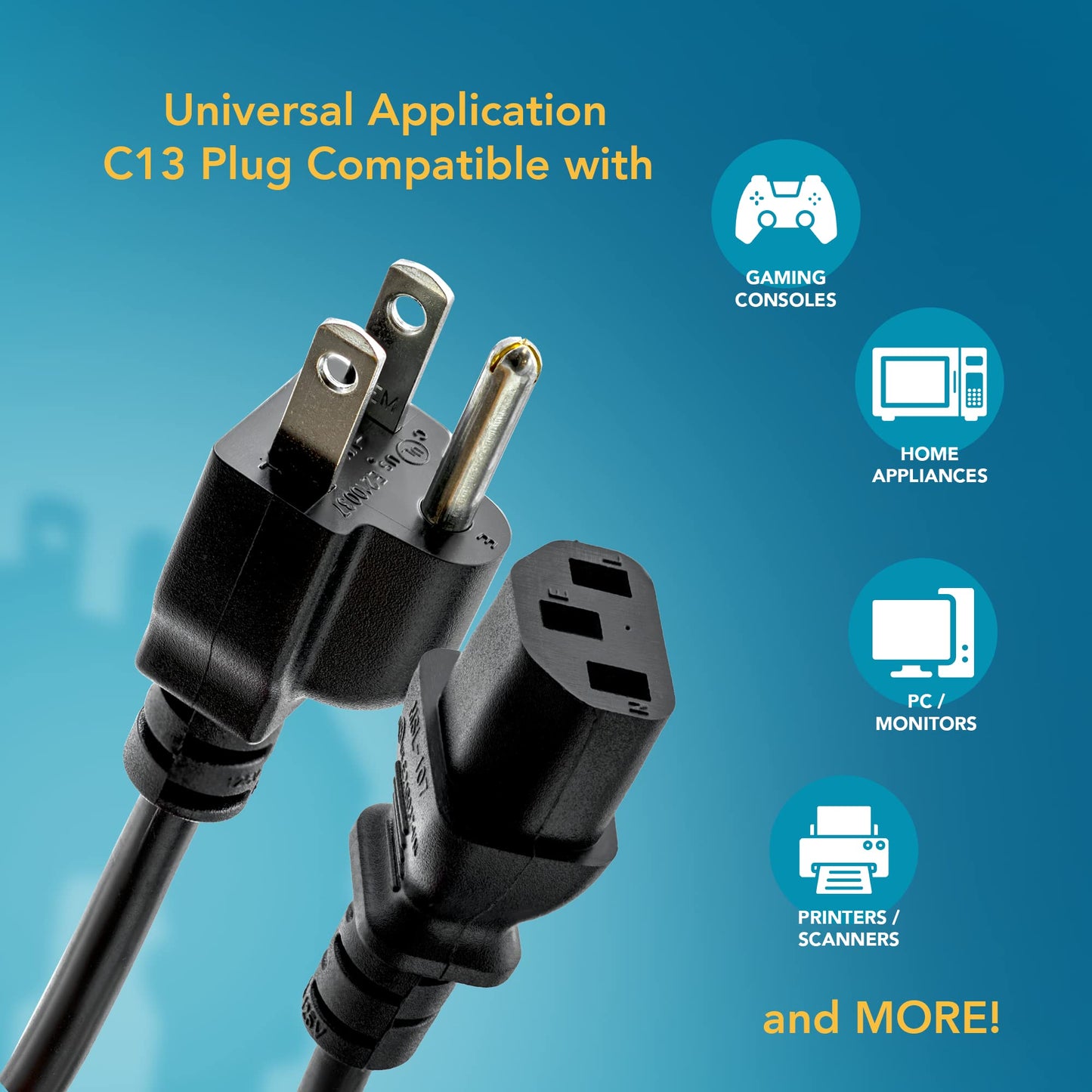 UL Approved 6 Feet Universal Computer Monitor Power Cord, C13 Power Cable for Monitor, PC, Desktop, Printer, Scanner 18 AWG GA NEMA 5-15P to IEC13 (5 Pack)