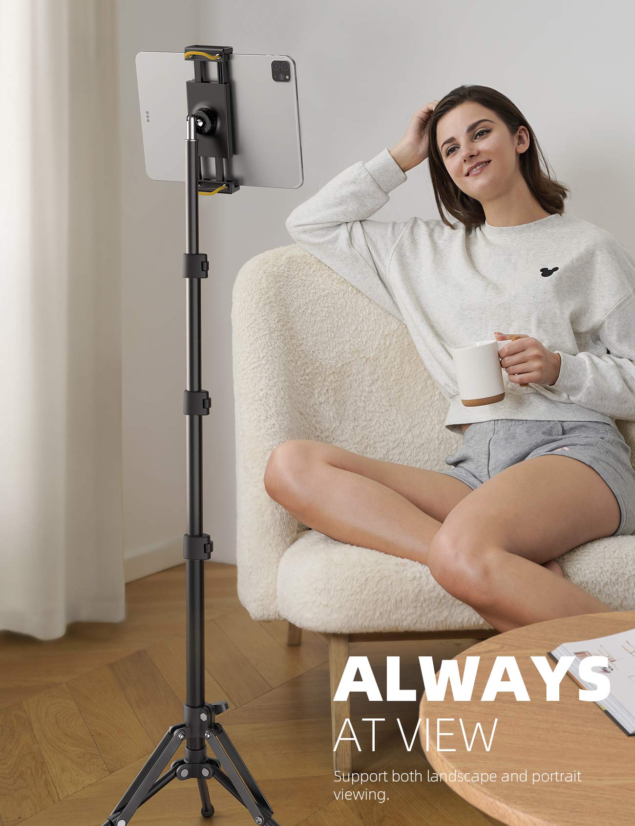 Tablet Floor Tripod Stand - 64.9" Tablet Holder Mount with Adjustable Height for Stream/Watching with Bluetooth Remote, for iPad Pro 12.9, Mini, Air, iPhone and 4.7-13" Tablet and Cellphone