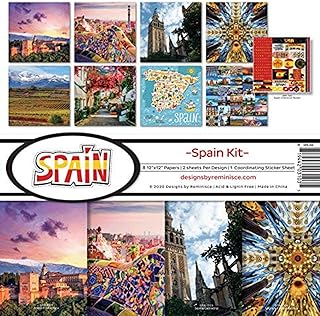 Spain-themed scrapbook kit with colorful papers, 12x12 inches