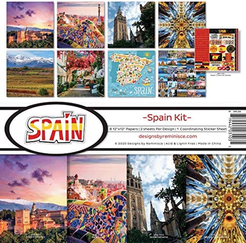 Spain-themed scrapbook kit with colorful papers, 12x12 inches