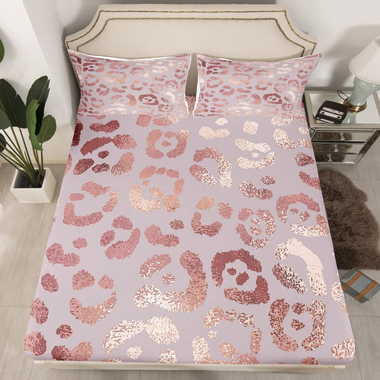 Cheetah Print Fitted Sheet Rose Gold Colored Leopard Print Bed Sheets Full Size Pink Sequin Sheets Safari Animal Bedding Ultra Soft Cozy Durable Bed Cover