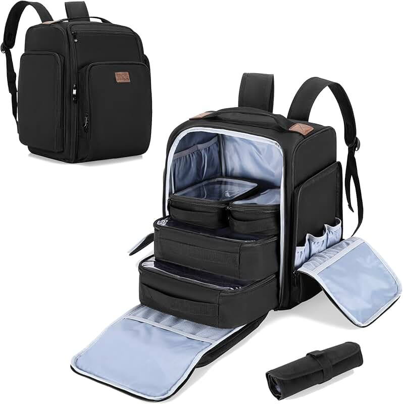 Travel Makeup Backpack with Removable Pouches and Brush Bag