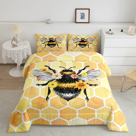 Bee Duvet Insert Twin Size,Cute Bee with Flower Bedding Set 2Pcs for Kids Boys Girls,Geometric Honeycomb Hexagon Print Comforter Set,Insect Animal Theme Quilted Comforter