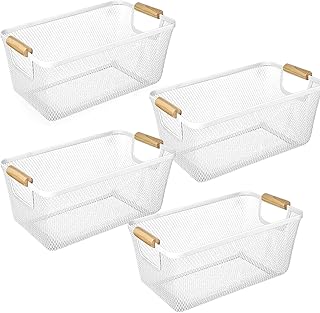 Set of four white metal mesh storage baskets with wooden handles