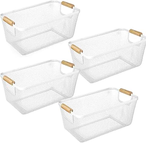 Set of four white metal mesh storage baskets with wooden handles