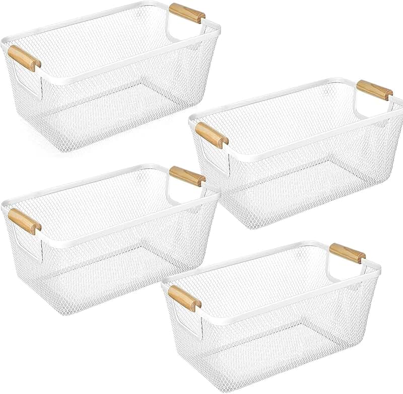 Set of four white metal mesh storage baskets with wooden handles