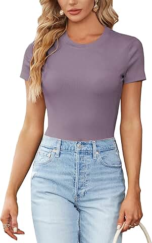 Women's Ribbed Knit Short Sleeve Round Neck T-Shirt