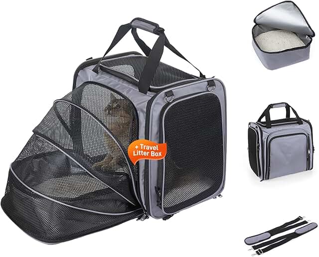 Expandable soft-sided cat travel carrier with litter box