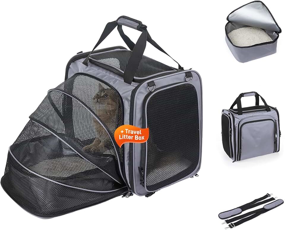 Expandable soft-sided cat travel carrier with litter box