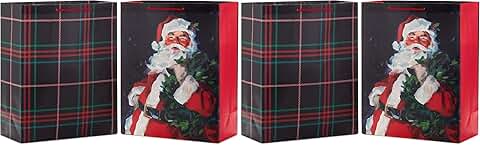 Large Christmas Gift Bag Set with Santa and Plaid Designs