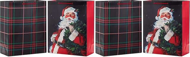 Large Christmas Gift Bag Set with Santa and Plaid Designs