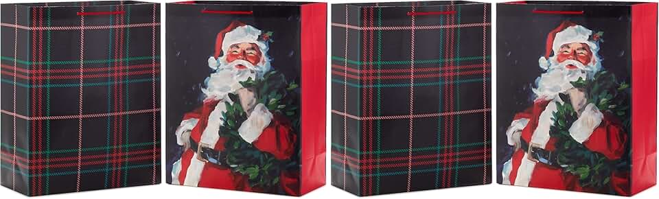 Large Christmas Gift Bag Set with Santa and Plaid Designs