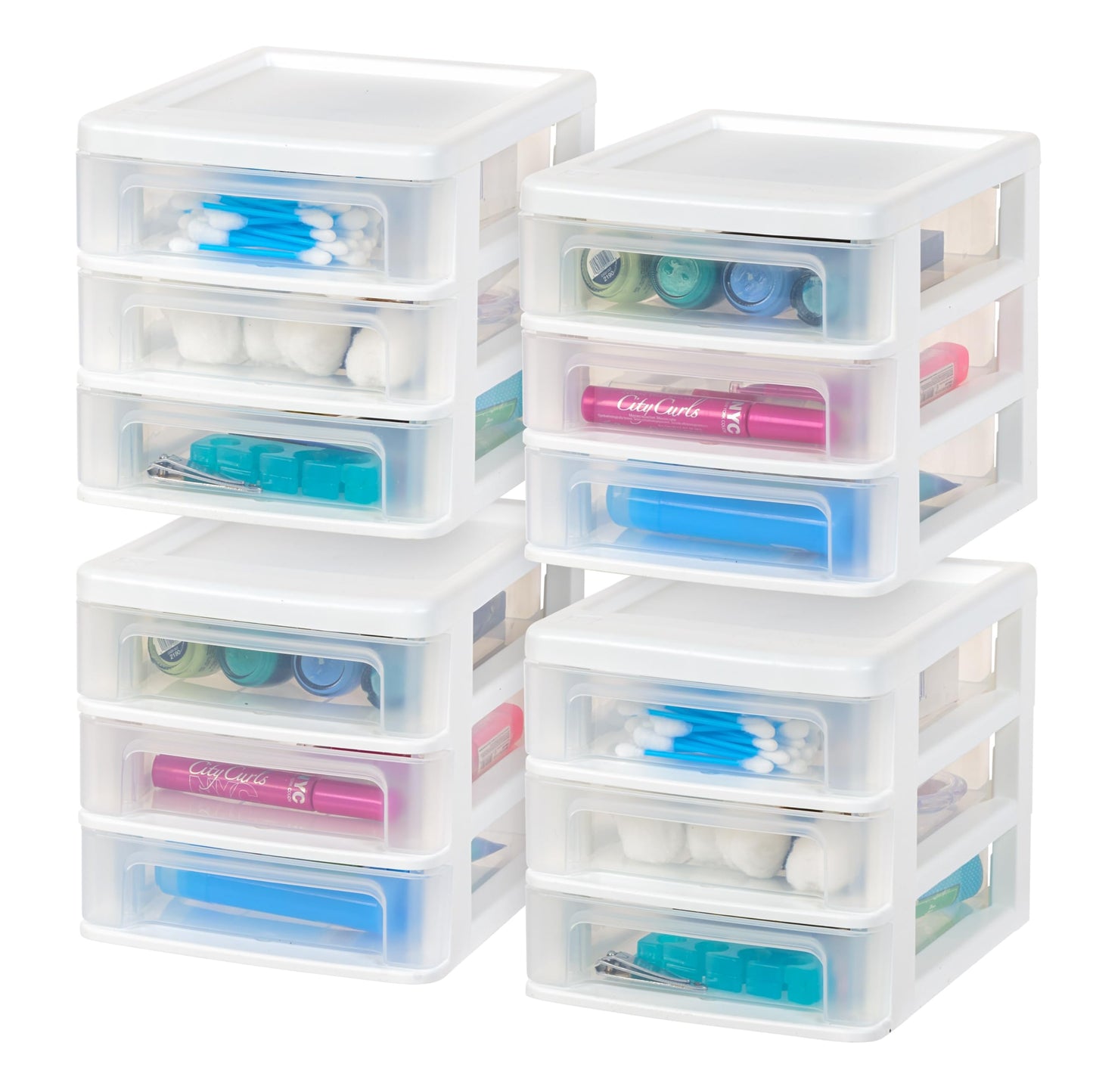 Set of four small white plastic stacking desk organizers