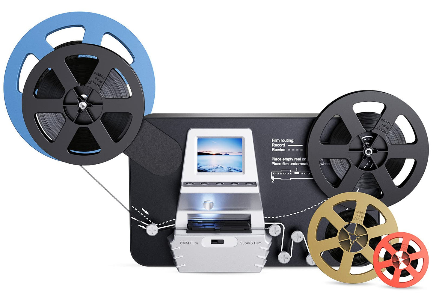 8mm & Super 8 Reels to Digital Film Scanner Converter, Film Digitizer with 2.4" Screen, Convert 3 4 5 7 9 Reels View Frame by Frame into 1080P Digital MP4 Files,Sharing & Saving on 32GB SD Card