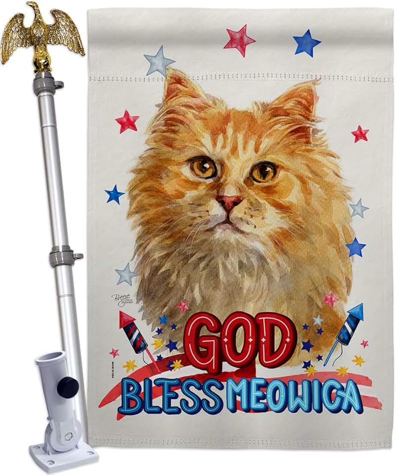 Patriotic Ginger Long Hair House Flag with Eagle and Cat Design
