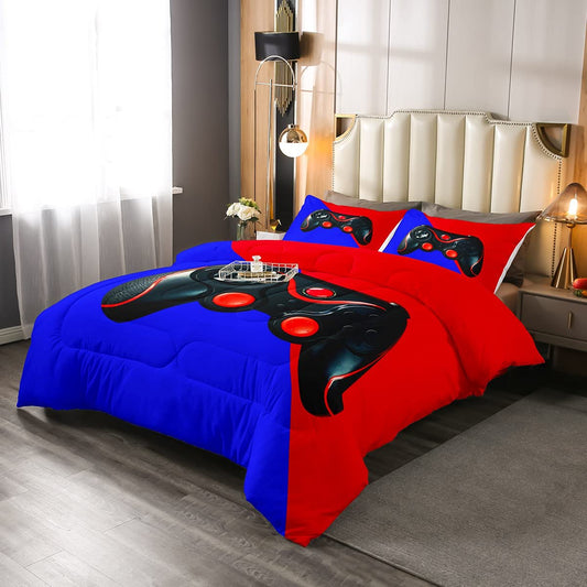 Gaming Quilted Duvet Red And Blue Video Games Gamer Comforter Set for Teens Kids Boys Gamepad Action Buttons Joysticks Duvet Insert Girls Children Game Room Decor Soft Bedding Comforters, Full
