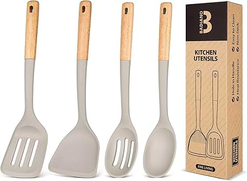 Silicone Cooking Utensil Set with Wood Handles, 4 Pieces