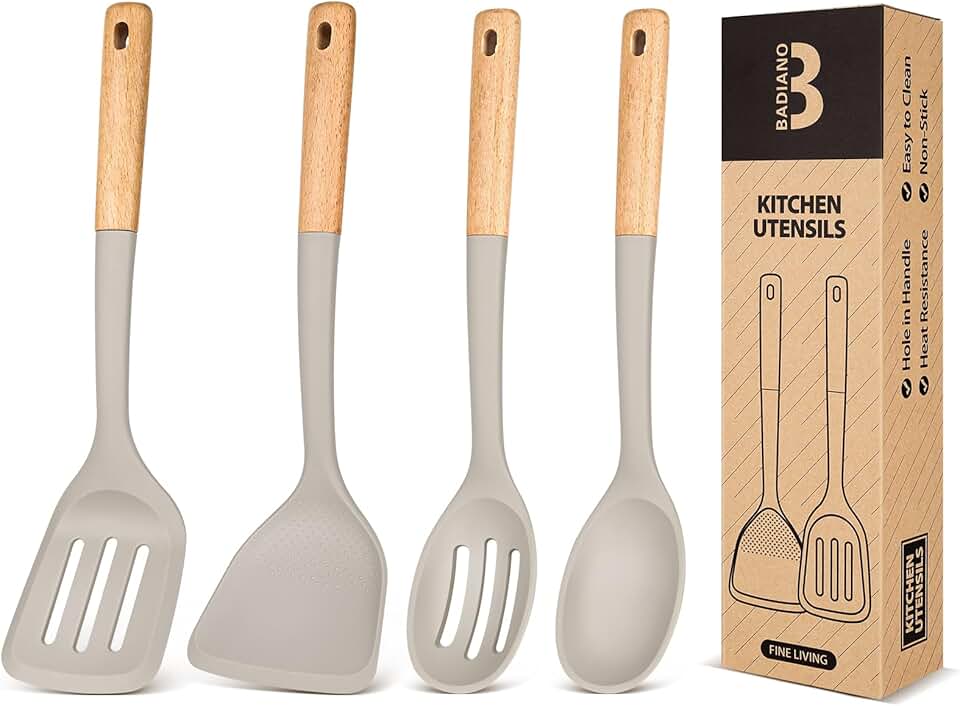 Silicone Cooking Utensil Set with Wood Handles, 4 Pieces