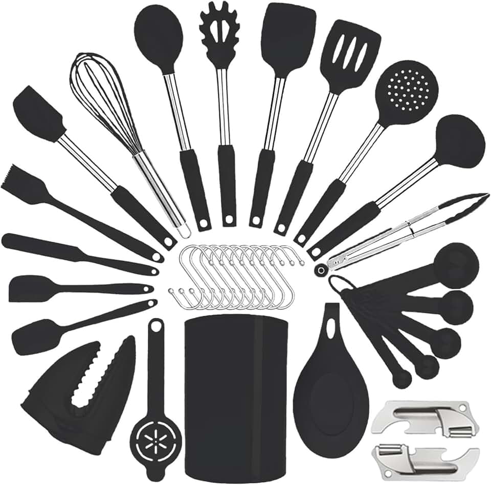 Silicone Kitchen Utensil Set with Stainless Steel Handles