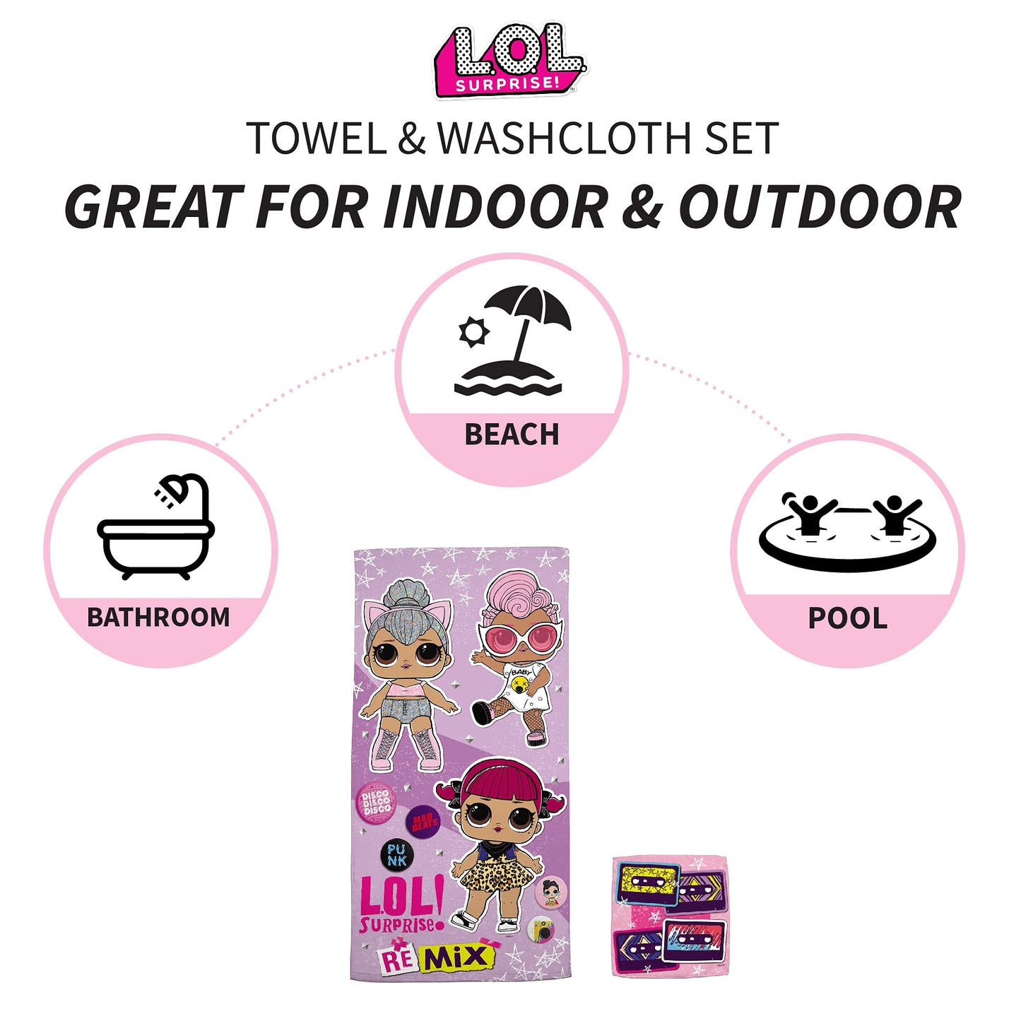 LOL Surprise Ki Pool/Beach Soft Cotton Terry Towel with Washcloth 2 Piece Set, 50 in x 25 in, by