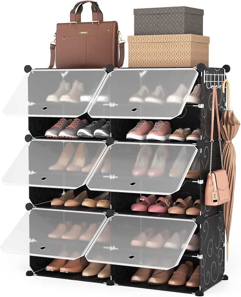 6-Tier Portable Shoe Rack with Hooks for Bedroom