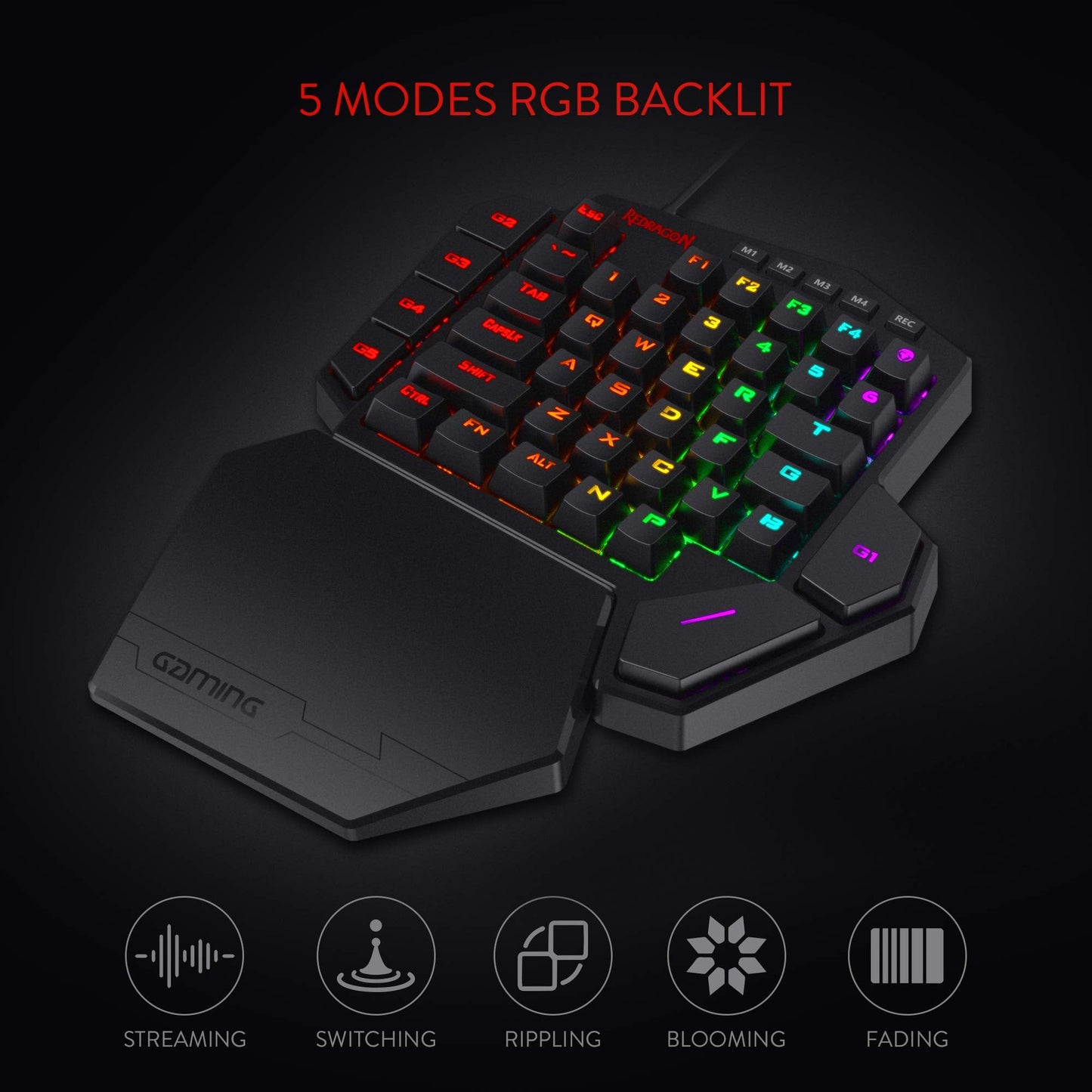K585 DITI One-Handed RGB Mechanical Gaming Keyboard, Type-C Professional Gaming Keypad with 7 Onboard Macro Keys, Detachable Wrist Rest, 42 Keys (Black-Blue Switch)
