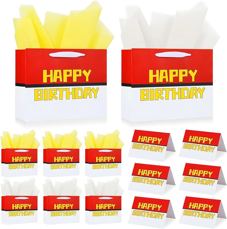 Set of 8 Cartoon Anime Birthday Gift Bags with Tissue Paper and Greeting Card
