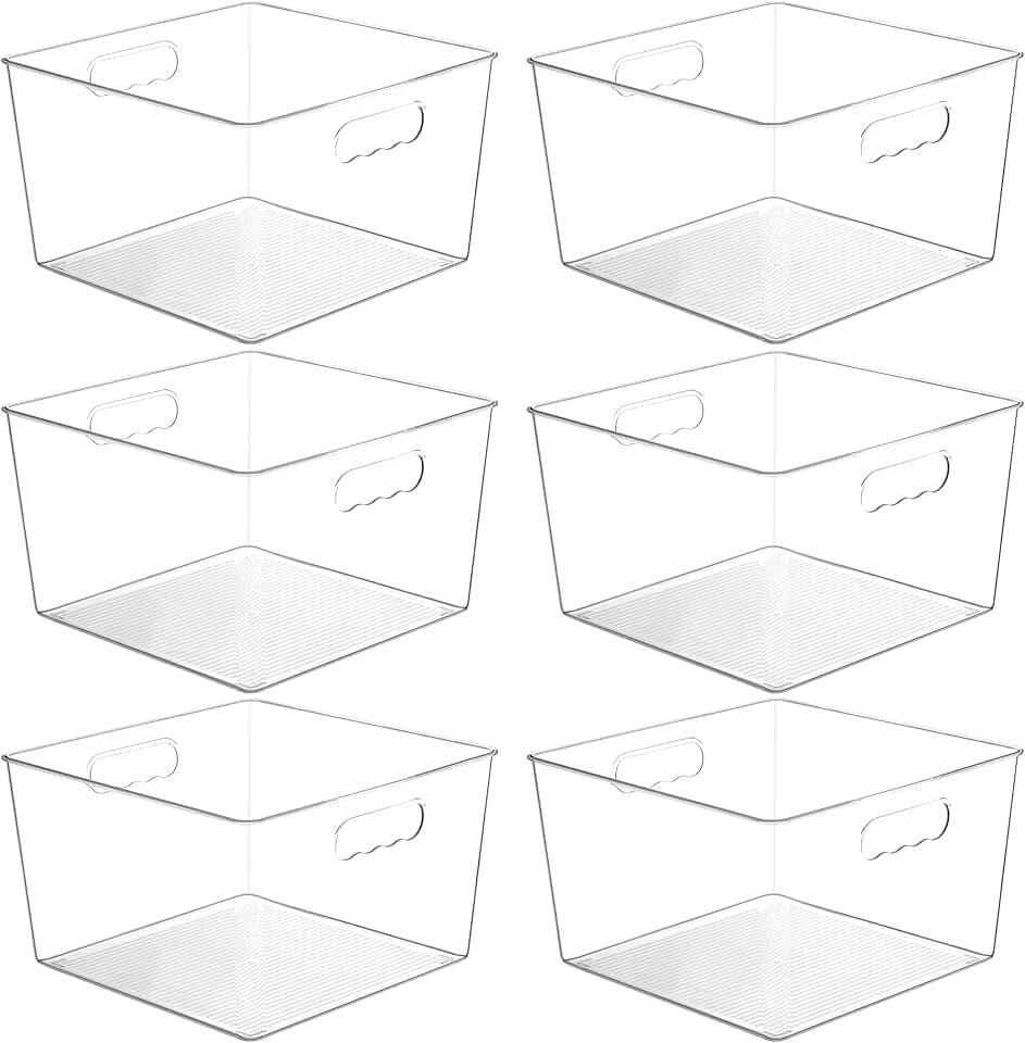 Six Large Clear Plastic Storage Bins with Handles