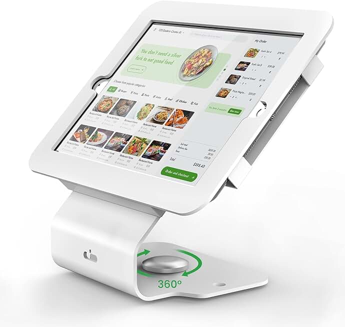 White metal kiosk tablet stand with 360° swivel