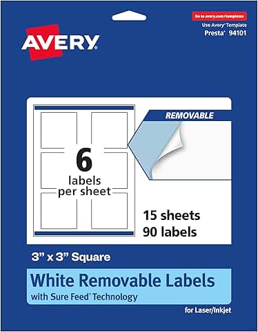 Matte White Removable Square Labels, 3x3 inches, 90 sheets