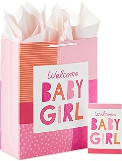 Large pink and orange baby shower gift bag with card and tissue