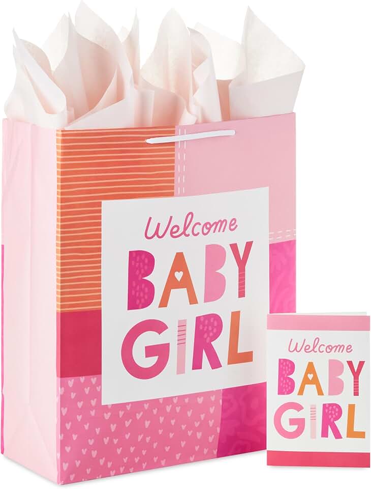 Large pink and orange baby shower gift bag with card and tissue