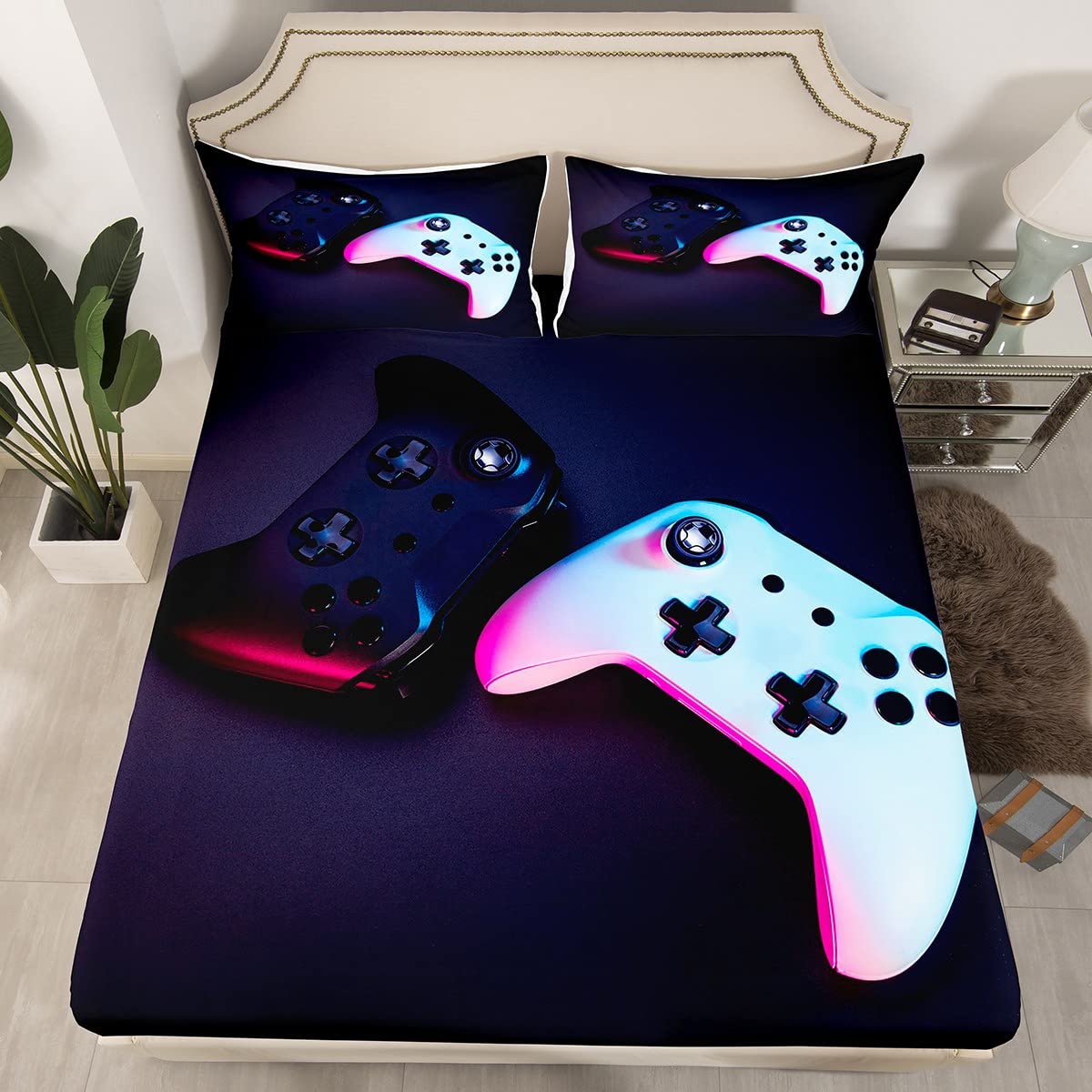 Gamer Bed Sheets for Boys Black and Red Gaming Sheet Set Video Game Bedding Game Controller Fitted Sheet Kids Teens Full Size Includes 1 Sheets  2 Pillowcases No Flat Sheet)