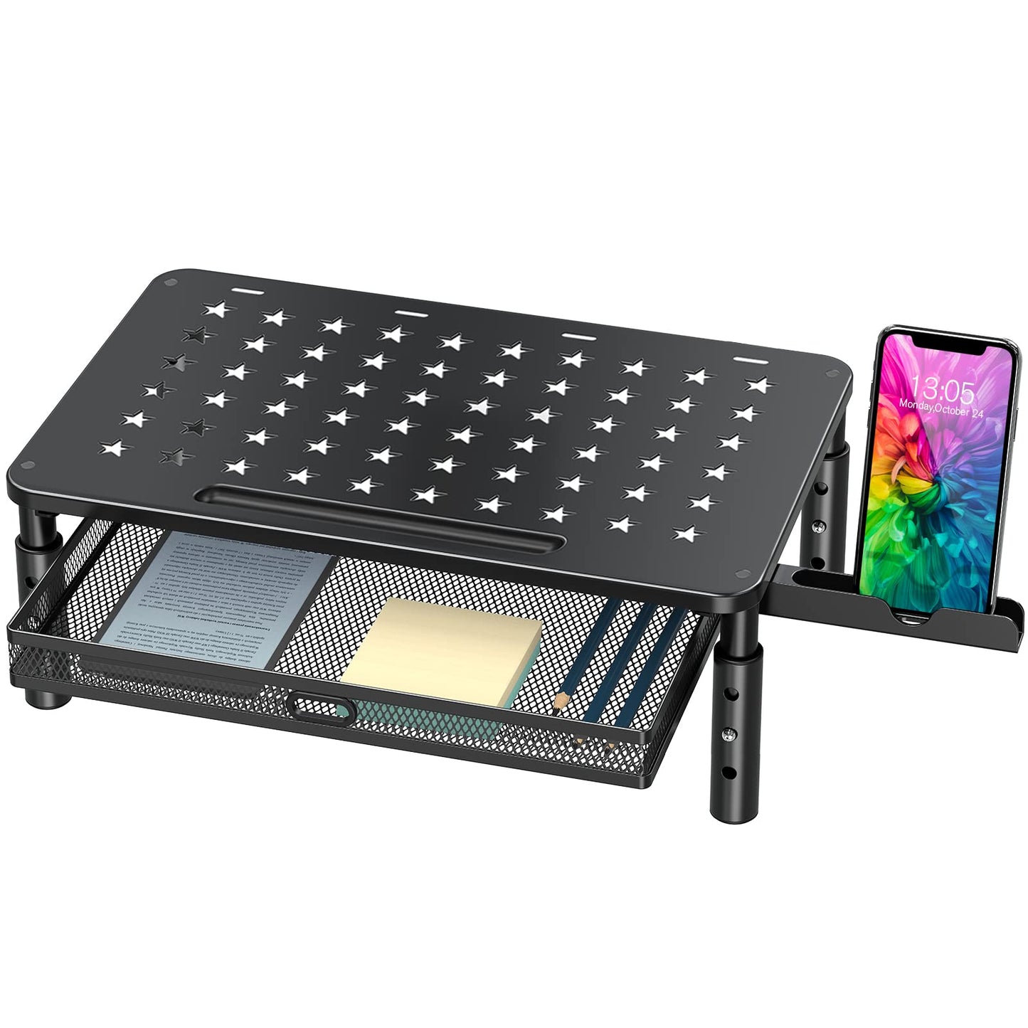 Monitor Stand Riser with Metal Mesh Drawer, Height Adjustable Monitor Riser with Phone Holder for Computer, Laptop, Printer, Notebook, Premium Metal Computer Monitor Stand with Storage