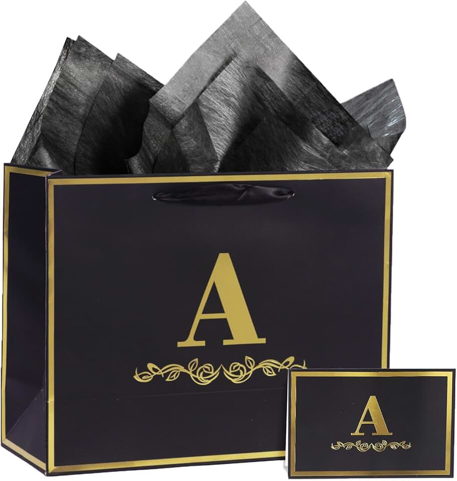 Large Black and Gold Alphabet A Gift Bag with Card and Tissue